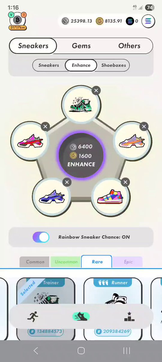 The image shows a phone screen displaying an app called "Stepn Man" with a purple background. The app has a pink circle with a gold center that says "Enchantment" and features six different shoe designs, including sneakers. There is also a text box on the screen that reads "#STEPN Man, it' s just way too fun #After 4 years, finally the first one... Thank you so far, 2nd anniversary shoes..."