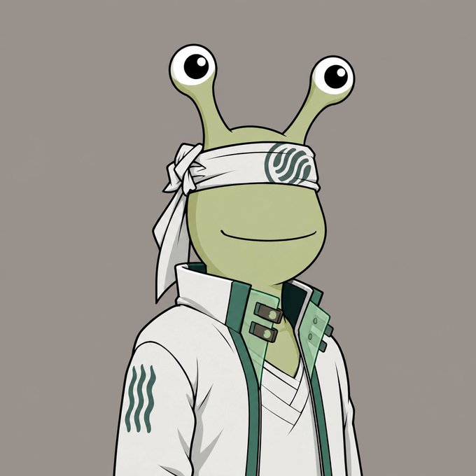 A cartoon-style green frog character with large eyes wears a white headband and a white and green outfit against a gray background.
