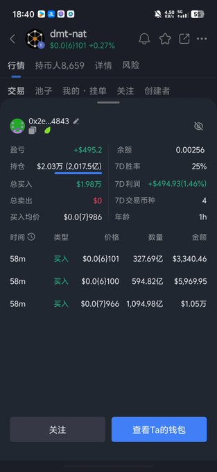 A Chinese mobile cryptocurrency tracking app showing the dmt-nat token at $0.0(6)101 (+0.27%) with details on holdings, profit, and recent buy transactions.