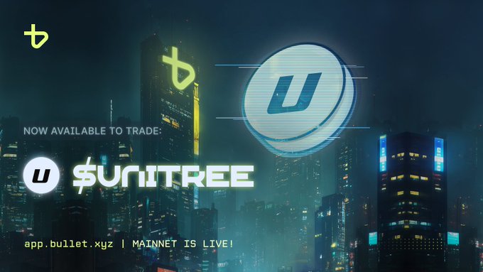 A promotional graphic for the $UNITREE token announcing it is 'NOW AVAILABLE TO TRADE' with the message 'MAINNET IS LIVE!' The image shows a cyberpunk cityscape with the Unitree 'U' logo and the URL app.bullet.xyz.