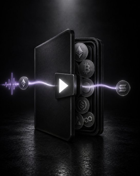 A black wallet partially open revealing cryptocurrency coins (including Ethereum, Bitcoin, and Solana) with a play button and audio waveform design.