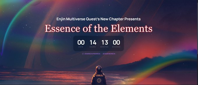 A promotional banner for 'Enjin Multiverse Quest's New Chapter Presents Essence of the Elements' features a countdown timer at 00:14:13:00 over a figure gazing at colorful auroras.
