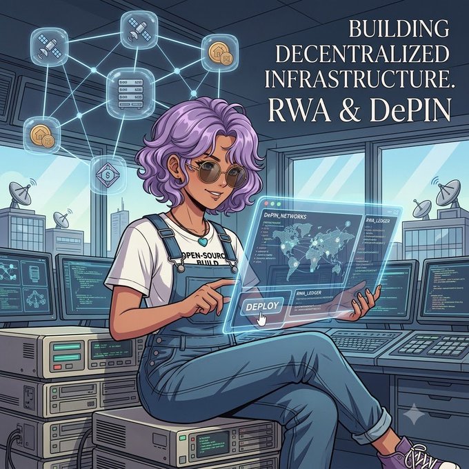 Anime-style illustration of a person with purple hair holding a holographic interface showing a world map, with the text 'BUILDING DECENTRALIZED INFRASTRUCTURE. RWA & DePIN' and a 'DEPLOY' button.