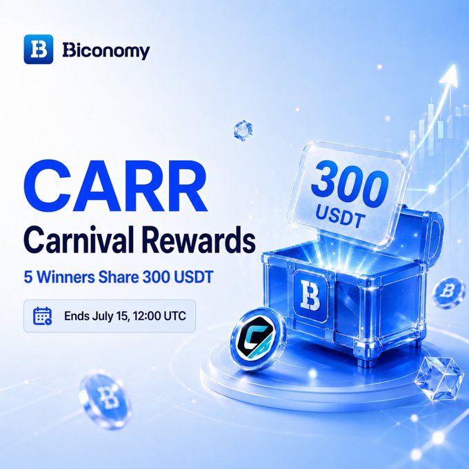 A promotional graphic for Biconomy's "CARR Carnival Rewards" giveaway shows a glowing blue treasure chest overflowing with a 300 USDT prize card, set against an upward-trending chart, announcing that 5 winners will share 300 USDT until July 15, 12:00 UTC.