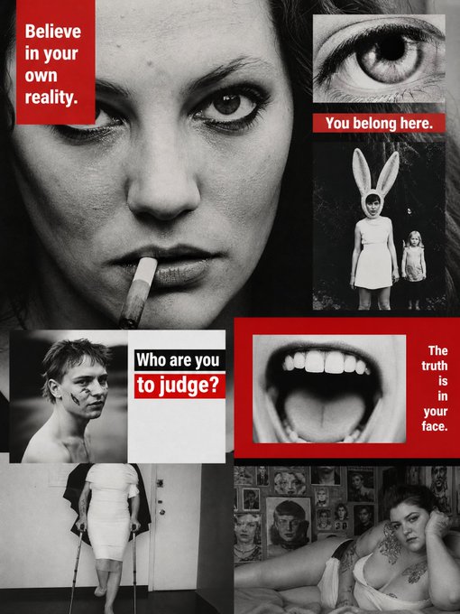 A black and red collage of edgy photographs featuring a woman with a cigarette, an eye, figures with bunny ears, and text overlays reading 'Believe in your own reality.', 'You belong here.', 'Who are you to judge?', and 'The truth is in your face.'