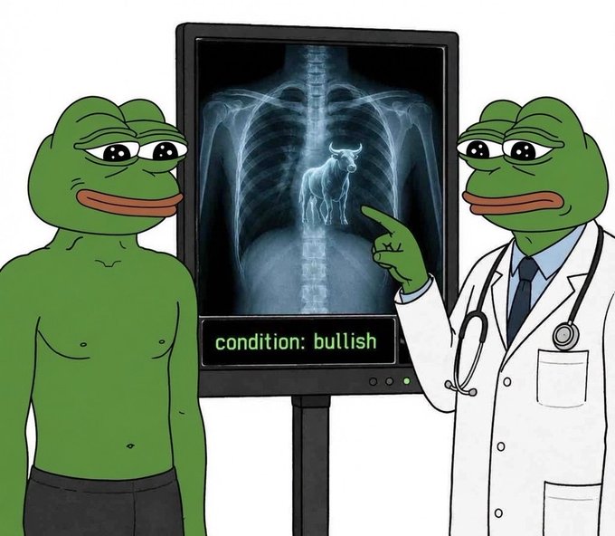 A Pepe the Frog meme showing one version pointing at a chest X-ray displaying a bull, with text reading 'condition: bullish'.