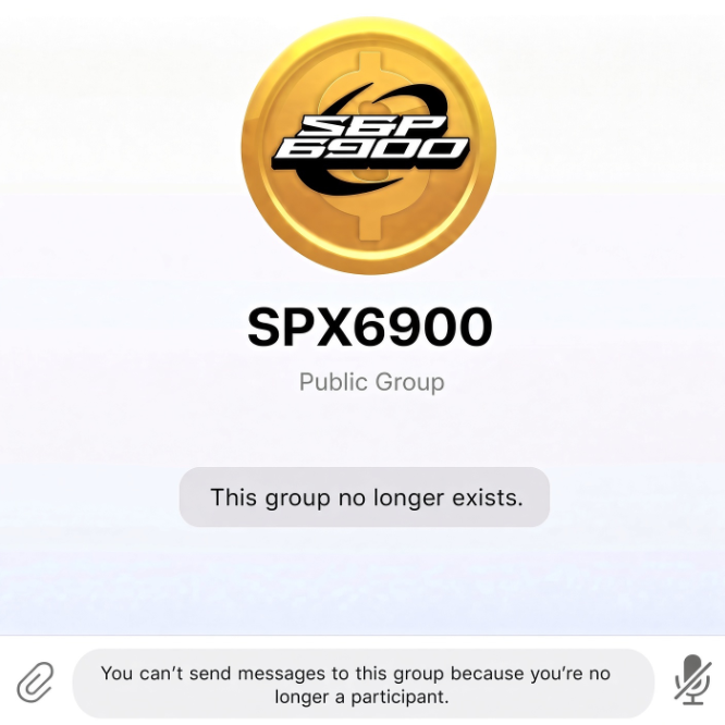 A screenshot of the SPX6900 public Telegram group shows a "This group no longer exists" message, with a note at the bottom stating "You can't send messages to this group because you're no longer a participant." This directly relates to the post's sarcastic "chat is this bullish?" caption, humorously implying that the deletion of the SPX6900 Telegram group is being framed as a bullish signal.