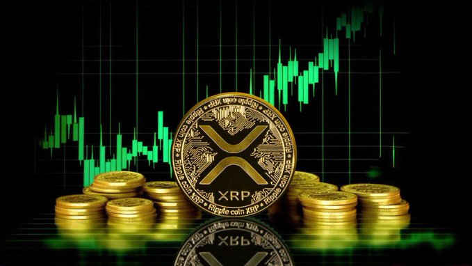 A stack of gold XRP coins with the "XRP" ticker displayed prominently in the foreground is set against a green candlestick chart showing an upward price trend, visually reinforcing the post's optimistic $2.01 price target and 10,000 XRP giveaway promotion.