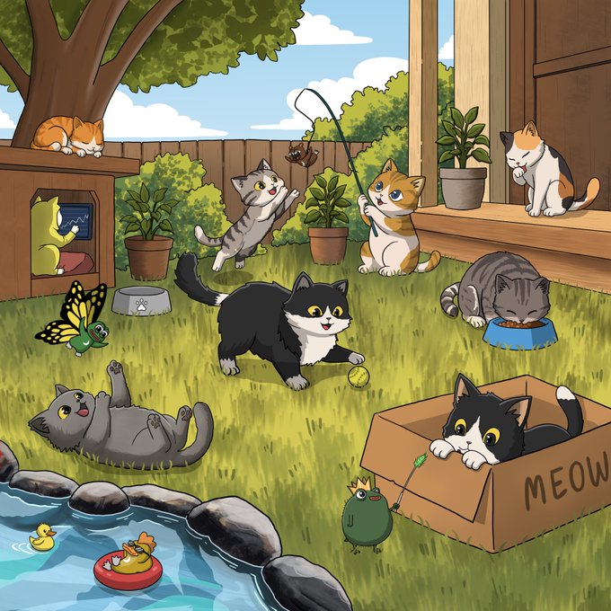 A cartoon illustration of a backyard filled with various cats playing with a tennis ball, butterfly, fishing rod, and toys, alongside a small pond with a duck and a green bird wearing a crown.
