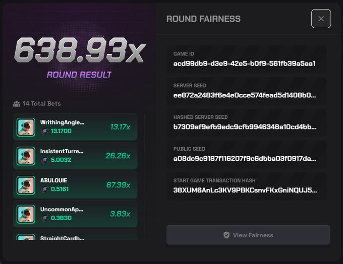 The image shows a betting round result screen displaying a 638.93x multiplier outcome from a game on what appears to be the Spumpio platform, with 14 total bets shown including usernames like "WrithingAngle..." (13.17x), "InsistentTurre..." (26.26x), "ABULOUIE" (67.39x), "UncommonAp..." (3.83x), and "StraightCardb...". The right panel displays round fairness verification details including Game ID, Server Seed, Hashed Server Seed, Public Seed, and Start Game Transaction Hash, supporting the post's claim about witnessing the 638x win.