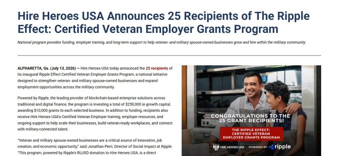 A press release titled 'Hire Heroes USA Announces 25 Recipients of The Ripple Effect: Certified Veteran Employer Grants Program' announcing funding for veteran- and military spouse-owned businesses.