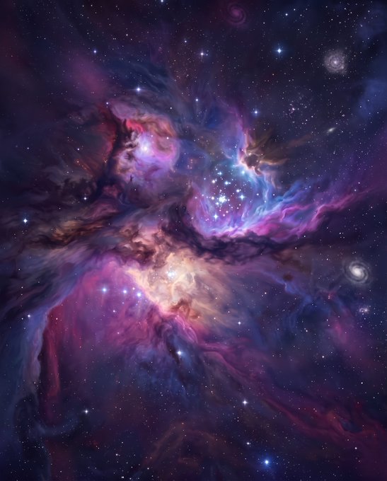 A vibrant, colorful space scene showing a nebula with purple, pink, and blue clouds and scattered stars.