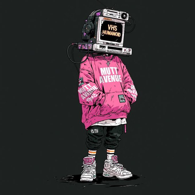 A stylized illustration of a humanoid figure with a VHS tape for a head wearing a pink hoodie that reads 'MUTT AVENUE' and chunky sneakers.