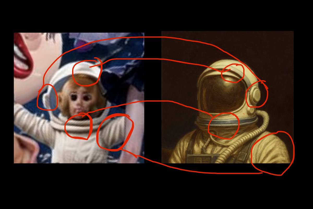 A side-by-side comparison with red annotations connecting features between an astronaut doll/clown figure and a golden astronaut painting, highlighting similarities in helmet shape, suit wrinkles, collar, and shoulder areas.