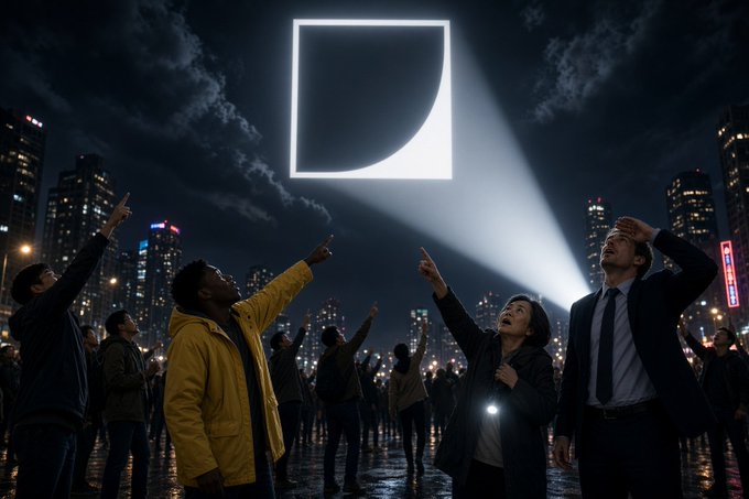 A crowd gathers in a rain-soaked city at night, gazing upward and pointing toward a glowing, crescent-shaped celestial object projected in the sky. The image captures a sense of collective awe and hope, mirroring the post's triumphant tone about "e/acc" making a comeback—"we respond" is visualized as humanity united under an otherworldly signal, rallying together in a moment of crisis.