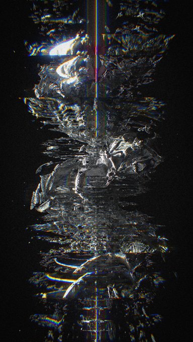 An abstract, glitch-art style vertical image with dark, fragmented shapes and a central line of rainbow color on a black background.