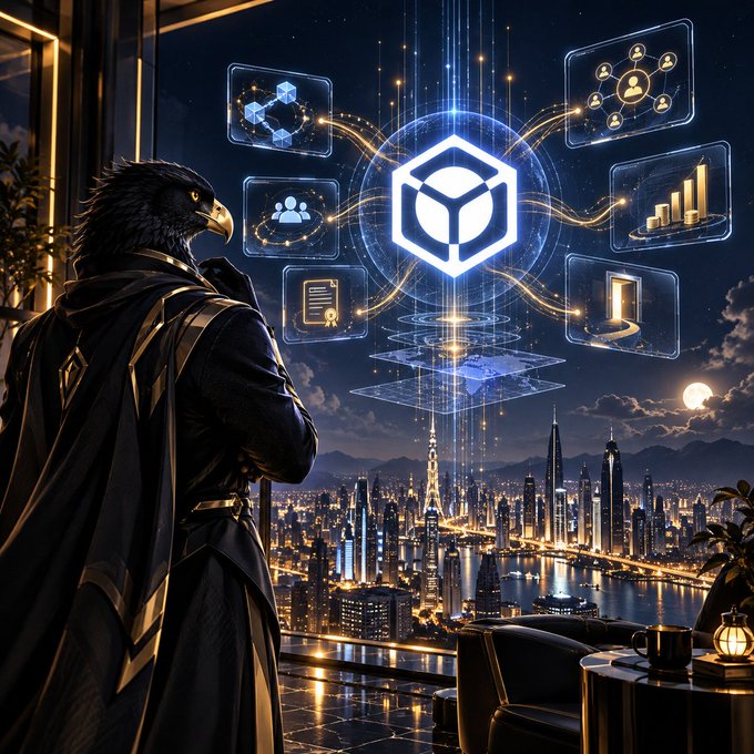 A digital artwork depicting a figure with a falcon's head wearing a dark cloak, gazing at a futuristic city skyline at night through holographic displays featuring a central cube logo and floating data icons.