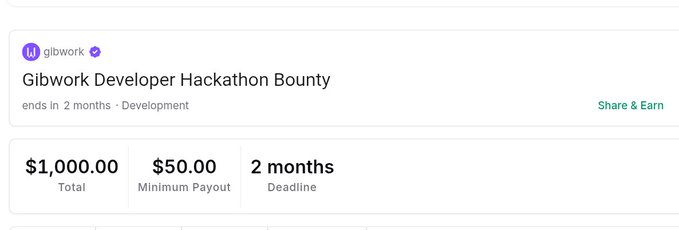 A screenshot of a Gibwork Developer Hackathon Bounty page offering $1,000.00 total with a $50.00 minimum payout over a 2-month deadline.