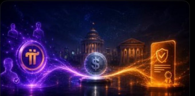 A stylized digital illustration featuring glowing icons including a Pi cryptocurrency logo, a US dollar coin, and a certificate with a shield, set against a purple and orange cityscape at night.