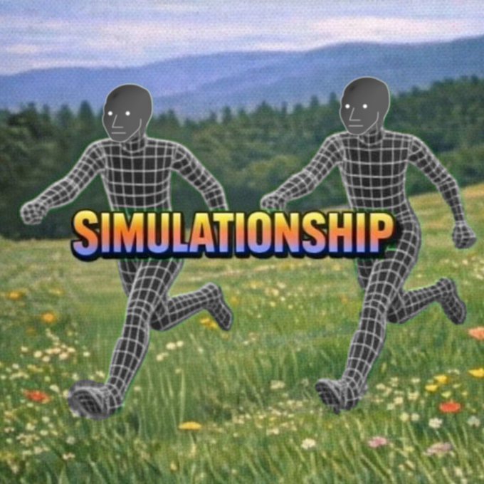 A meme featuring two grid-patterned humanoid figures running through a flower-filled field, with the word 'SIMULATIONSHIP' overlaid in retro, colorful text.