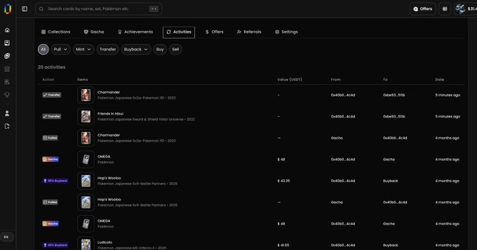 A dark-themed dashboard displaying an 'Activities' tab with 30 activities, showing a transaction history of Pokémon card purchases including items like 'Charmander' (Pokémon Japanese 151) and 'Charrizard EX & Heat' with columns for Auction, Name, Value, From, To, and Date.