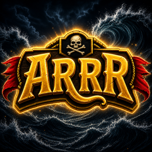 A golden, pirate-themed emblem featuring a skull and crossed bones above the bold text 'ARRR,' set against a dramatic backdrop of crashing ocean waves.