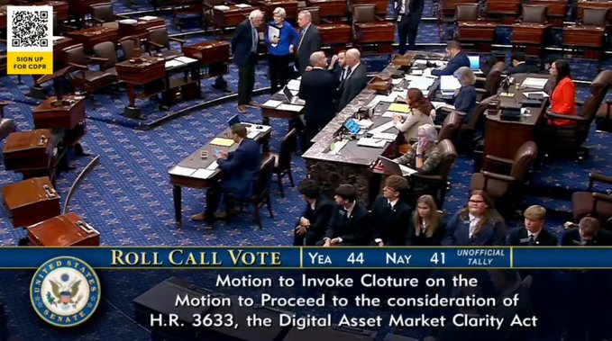 Another C-SPAN screenshot of the Senate Roll Call Vote on the motion to invoke cloture on H.R. 3633, the Digital Asset Market Clarity Act, now showing an unofficial tally of 44 Yea and 41 Nay.