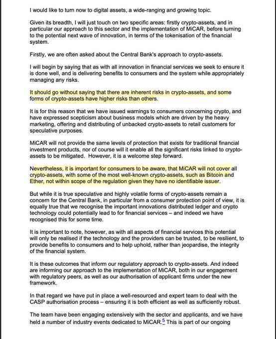 The image shows a document with yellow text that reads "I would like to turn now to digital assets, wide-ranging and growing topic". The document also mentions Bitcoin and Ethereum, which are not included in MiCA regulations. The focus on these terms suggests that the content is related to cryptocurrency or blockchain technology, possibly discussing its implications for financial services or the regulation of such platforms.