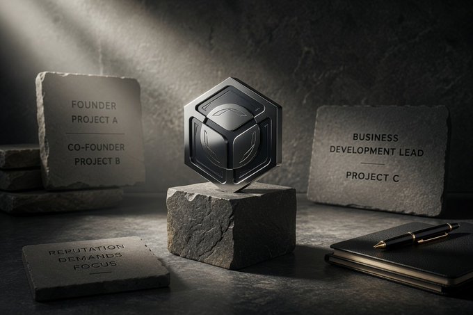 A metallic hexagonal emblem rests on a stone pedestal, flanked by engraved plaques reading "FOUNDER PROJECT A / CO-FOUNDER PROJECT B," "BUSINESS DEVELOPMENT LEAD PROJECT C," and "REPUTATION DEMANDS FOCUS," with a notebook and pen nearby.

The image symbolizes the foundational roles and reputation-driven focus required to build infrastructure, mirroring the post's nod to Canopy (CNPY) bypassing the lengthy process of piecing together wallets and analytics by delivering essentials out of the gate.
