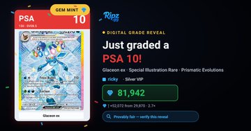 A mobile screen shows a PSA 10 Glaceon ex Pokemon card with a graded value of 81,942, marked as "GEM MINT 10" from Ripx.