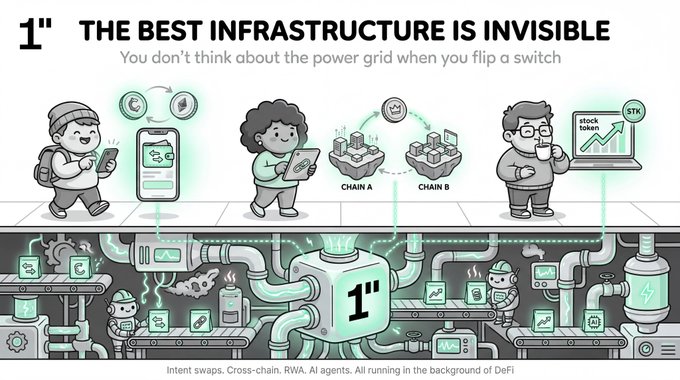 The image is an illustrated infographic titled "THE BEST INFRASTRUCTURE IS INVISIBLE" with the tagline "You don't think about the power grid when you flip a switch." It shows three people on a city street—one using a phone, one holding a tablet connected to "CHAIN A" and "CHAIN B" with a swap icon, and one viewing a stock token chart on a laptop—while beneath the street, a 1" (1inch) branded machinery system with pipes, gears, and workers processes transactions, captioned "Intent swaps. Cross-chain. RWA. AI agents. All running in the background of DeFi."

The visual reinforces the post's metaphor that 1inch's infrastructure powers seamless DeFi interactions (swaps, cross-chain trades, and RWA tokenization) in the background, much like an unseen power grid enables everyday actions.