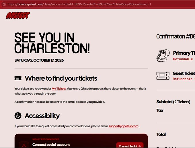 An 'APE FEST' ticket confirmation page with the text 'SEE YOU IN CHARLOTTE' and event details 'SATURDAY, OCTOBER 17, 2026'.