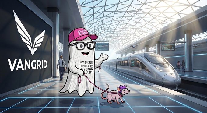 A cartoon character resembling a 'YOU KNOW NOTHING' baseball cap stands in a futuristic train station with 'VANGRID' branding and text 'MY MOOD DEPENDS ON MY BANK BALANCE'.