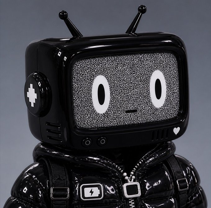 A 3D rendered glossy black robot with a television for a head displaying static and simple oval eyes, wearing a puffy jacket with a D-pad on its ear and a battery symbol on its chest.