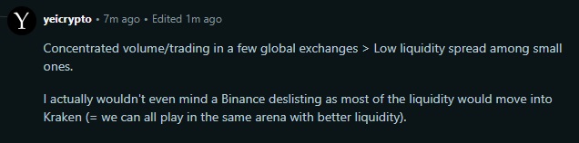 A screenshot of a Reddit post by user 'yeicrypto' discusses concentrated volume on global crypto exchanges and expresses support for Binance potentially delisting.