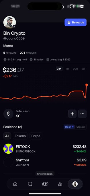 A mobile app trading portfolio with $2,311.07 in value, showing positions in FSTOCK ($232.48, up 34.64%) and Synthra ($3.09, down 98.98%), supporting the post promoting Fomo trading sign-ups with FSTOCK highlighted as a featured token.