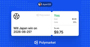The image shows a Polymarket prediction card by user "Ayan120" for "Will Japan win on 2026-06-25?" at 51% odds, showing a $5.00 cost yielding a $9.75 return. This aligns with the poster's mention of taking a small position on Japan via Polymarket ($POLY).