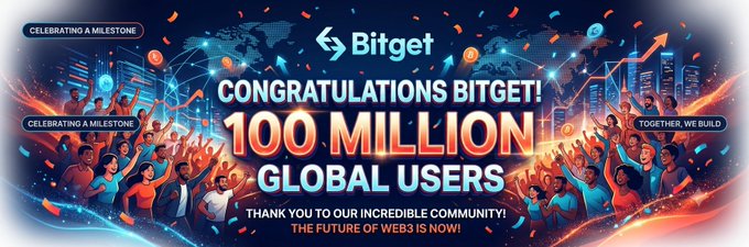 The image is a vibrant celebratory banner announcing Bitget's achievement of 100 million global users, featuring enthusiastic crowds, confetti, and a cityscape with growth graphics, alongside text including "CELEBRATING A MILESTONE," "CONGRATULATIONS BITGET! 100 MILLION GLOBAL USERS," and "THE FUTURE OF WEB3 IS NOW!" This visually reinforces the accompanying post's celebration of Bitget's monumental user growth milestone and the broader expansion of the Web3 ecosystem alongside Bitget Wallet.