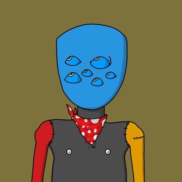 A simple cartoon drawing of a blue multi-eyed alien-like character wearing a red polka-dot bandana, a gray shirt, and a red right sleeve against an olive green background.