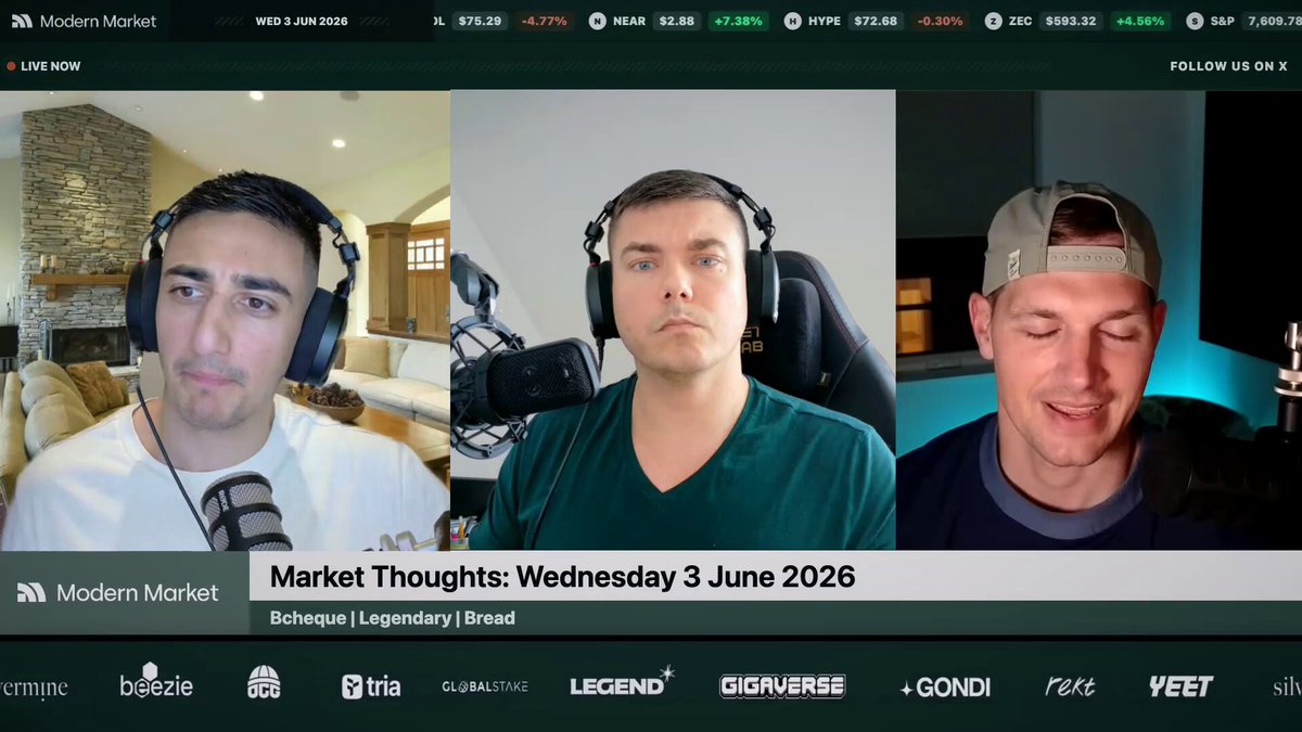 The image shows three men wearing headphones sitting behind a computer screen displaying a market thoughts article about Hyper Liquid becoming Wall Street's convenience store. The first man has his head tilted back, while the other two have their heads forward. They are all looking at the same direction on the screen.