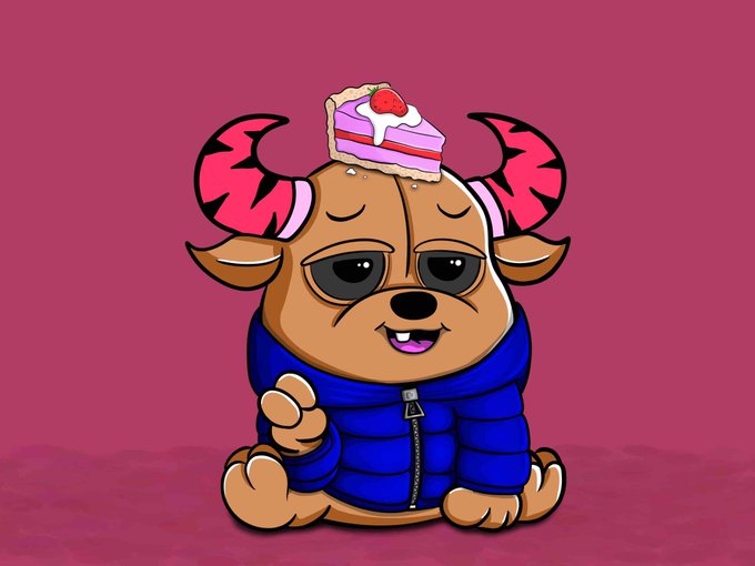 Cartoon illustration of a brown creature in a blue puffer jacket with red demon-like horns, with a slice of strawberry cake balanced on its head, against a pink background.