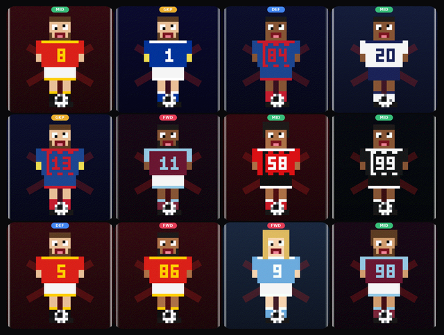 A grid of 12 pixel art avatars depicting football players in various colored jerseys with numbers like 8, 1, 84, 20, 33, 11, 58, 99, 5, 86, 9, and 98.