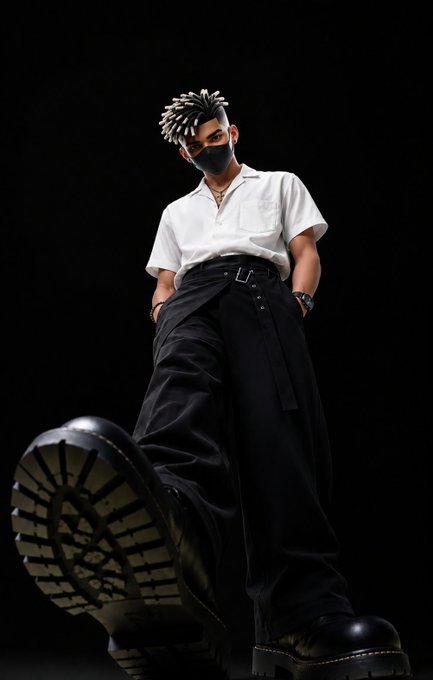 A person with spiky hair and a face mask poses dramatically in a white shirt and wide-leg black pants, with one large black boot thrust forward toward the camera against a black background.