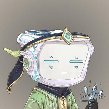 An illustration of a robot-like character with a VR headset, wearing green and gold clothing and holding a glowing crystal staff.