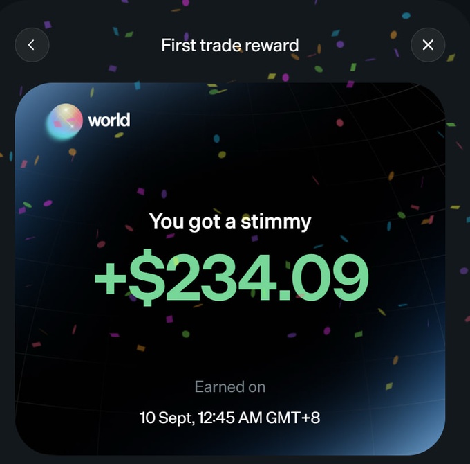 A Worldcoin 'World' app screen celebrating a 'First trade reward' with confetti and 'You got a stimmy +$234.09' earned on '10 Sept, 12:45 AM GMT+8'.