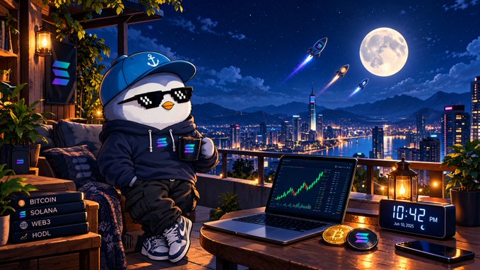 An illustrated cartoon penguin wearing sunglasses, a blue cap, and a hoodie, sitting on a rooftop balcony at night with a laptop showing a green crypto chart, books labeled 'BITCOIN', 'SOLANA', 'WEB3', 'HODL', a digital clock reading '10:42 PM', and rockets launching toward the moon over a city skyline.