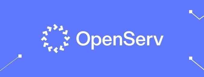 The OpenServ logo in white text accompanied by a circular arrangement of arrows on a solid blue background.