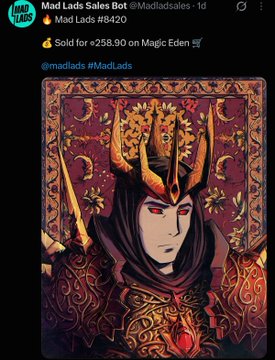 A tweet screenshot from 'Mad Lads Sales Bot' (@madladsales) announcing a sale, featuring a digital trading card illustration of a character with red eyes and an ornate crown.