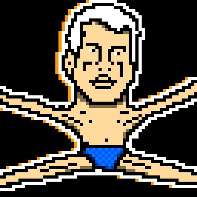 A pixel art depiction of Michael Saylor, the MicroStrategy co-founder, with his arms and legs stretched out wide, visually representing the "Stretchy Saylor" concept referenced in the post. The stylized cartoon character has white hair, a bare chest, and blue checkered underwear, playing on his well-known association with Bitcoin.