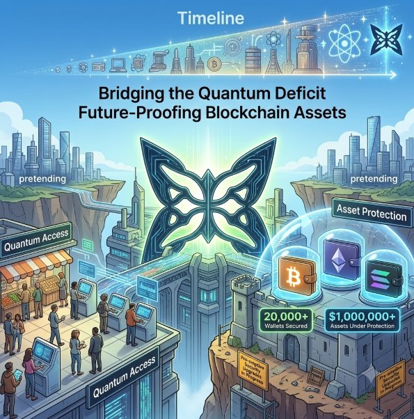The illustration visually reinforces the post's message by depicting a divided scene: on the left, a "Quantum Access" marketplace where people queue at terminals labeled with computer and grocery icons, while the right side shows "Asset Protection" with crypto assets (BTC, ETH, SOL) under a shield, and cliffside gaps labeled "pretending," symbolizing the divide quipnetwork bridges. Stats "20,000+ Wallets Secured" and "$1,000,000+ Assets Under Protection" highlight the platform's role in safeguarding blockchain assets from quantum threats, tying together the timeline imagery and butterfly emblem at the top to convey future-proofing crypto.